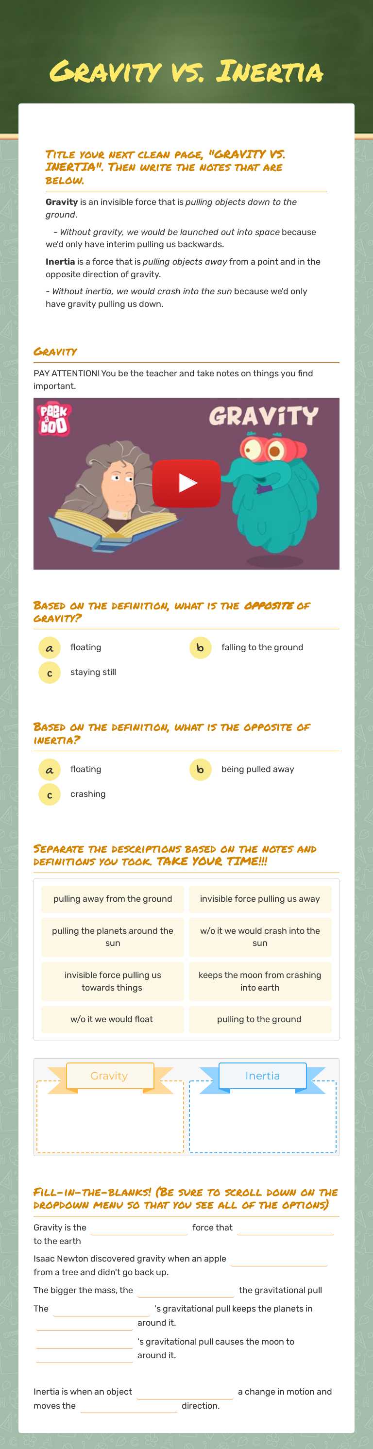 Gravity vs. Inertia Grade 6 worksheet preview