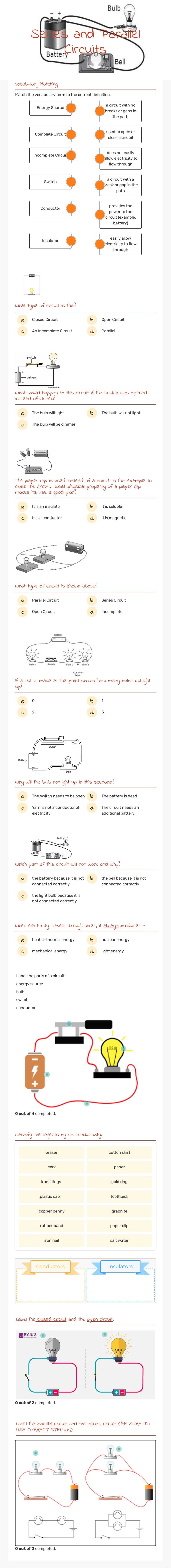 Series and Parallel Circuits worksheet preview image