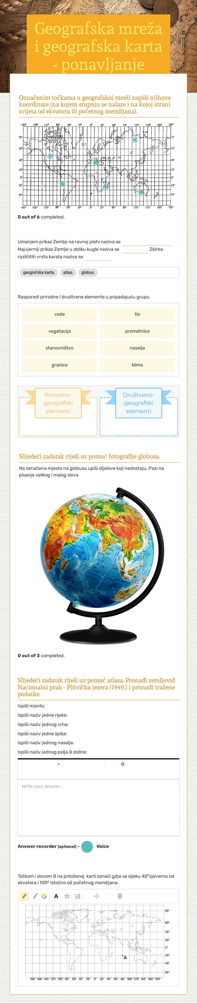 Geografska mreža i geografska karta - ponavljanje worksheet preview image