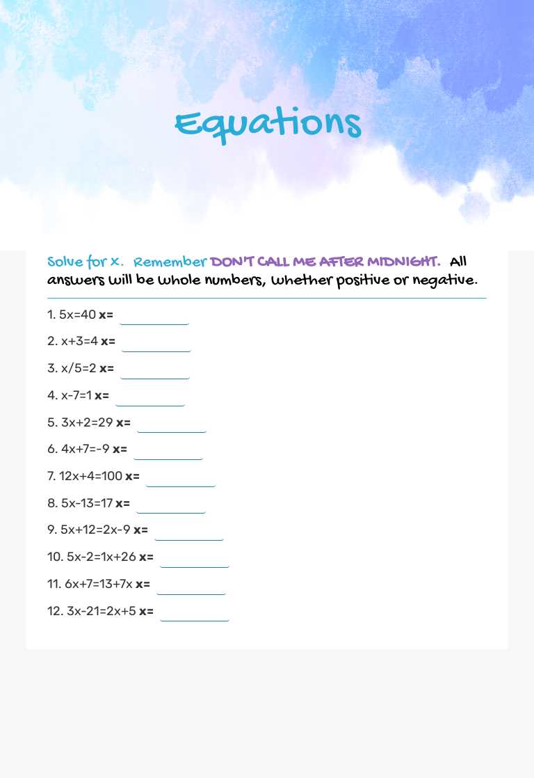 Equations worksheet preview image