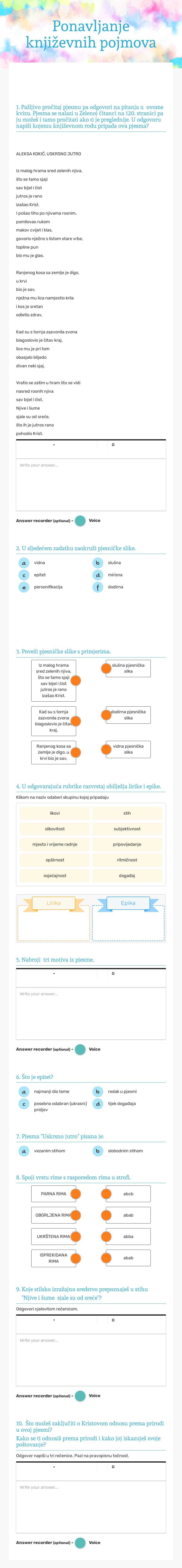 Ponavljanje književnih pojmova Grade 6 worksheet preview