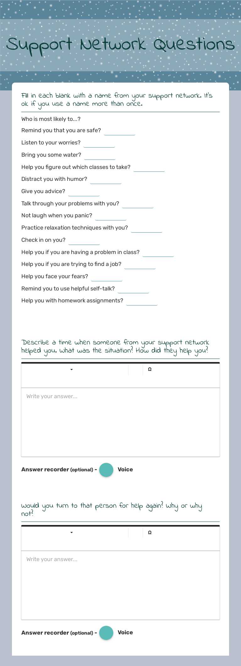 Support Network
Questions Other worksheet preview