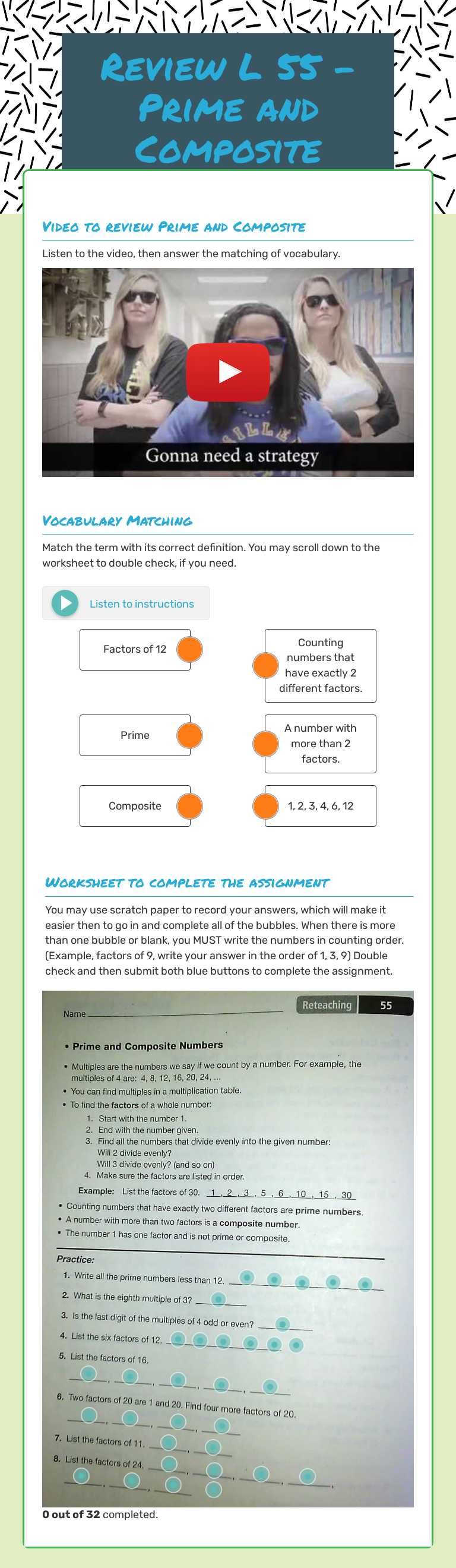 Prime and Composite October 19 Wed. worksheet preview image
