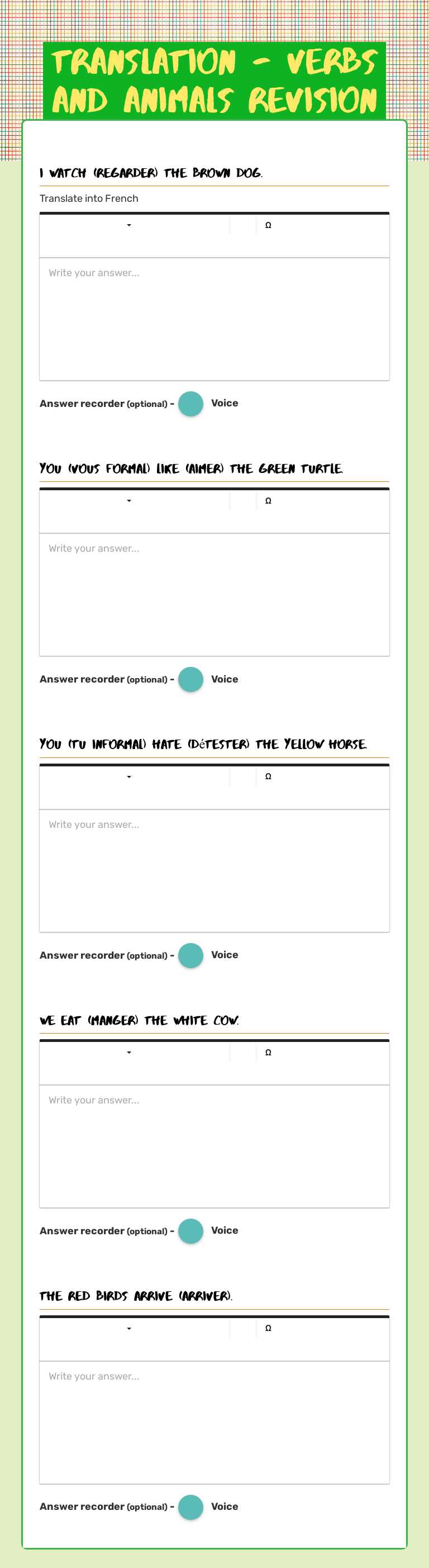 translation - Verbs and animals revision worksheet preview image