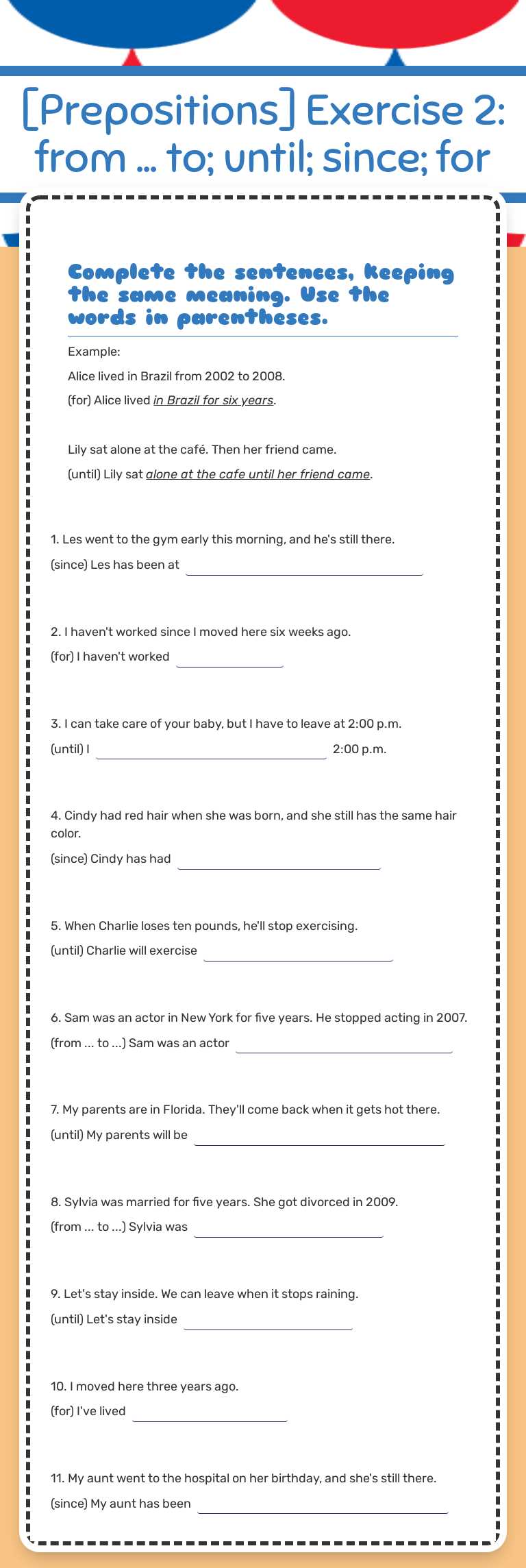 [Prepositions] Exercise 2: from ... to; until; since; for worksheet preview image