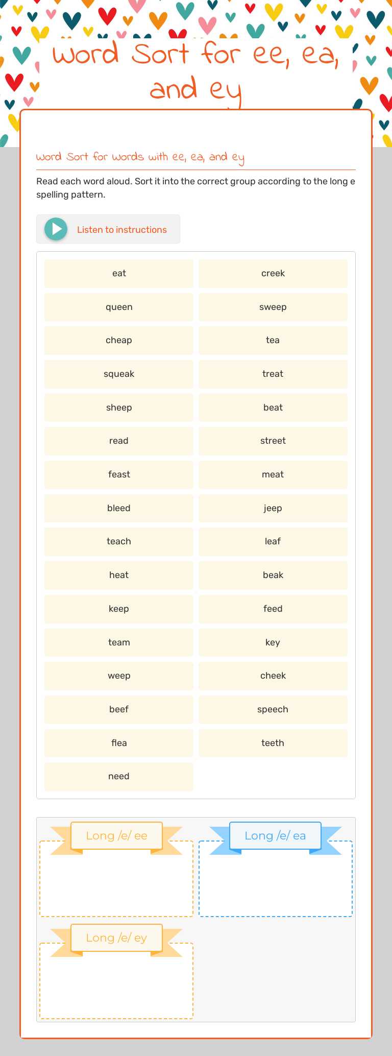 Word Sort for ee, ea, and ey worksheet preview image