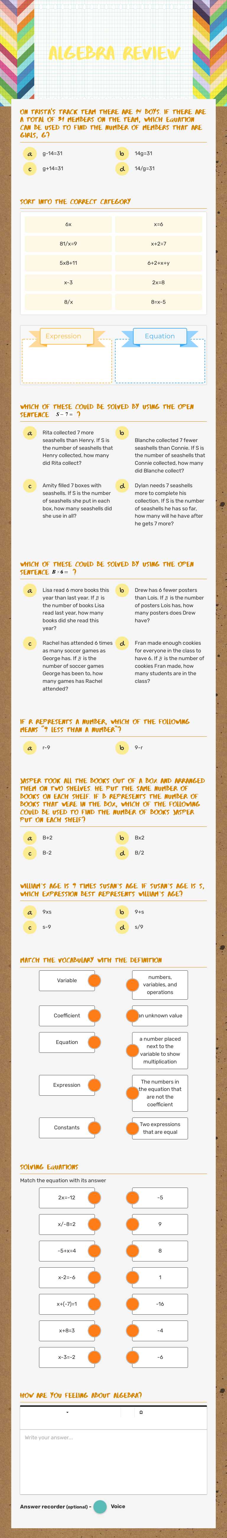 Algebra Review worksheet preview image
