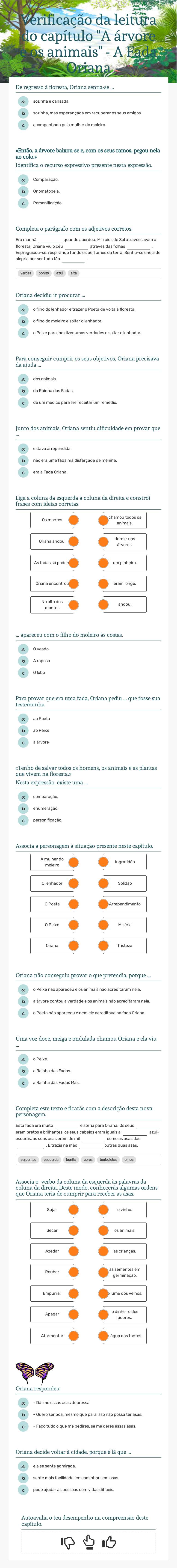 Verificação da leitura do capítulo "A árvore e os animais" - A Fada Oriana worksheet preview image