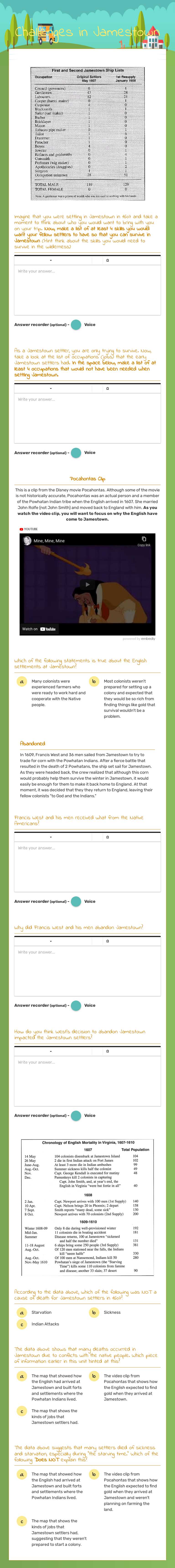 Challenges in Jamestown Grade 7 worksheet preview