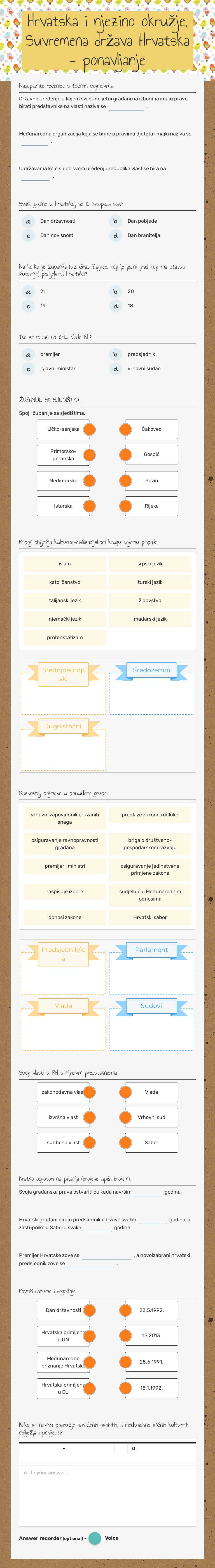 Hrvatska i njezino okružje, Suvremena država Hrvatska - ponavljanje worksheet preview image