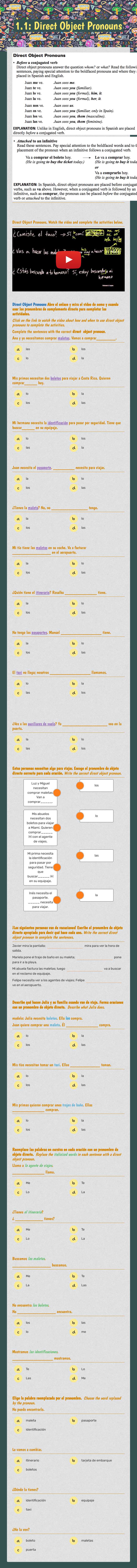 1.1: Direct Object Pronouns Grade 10 worksheet preview