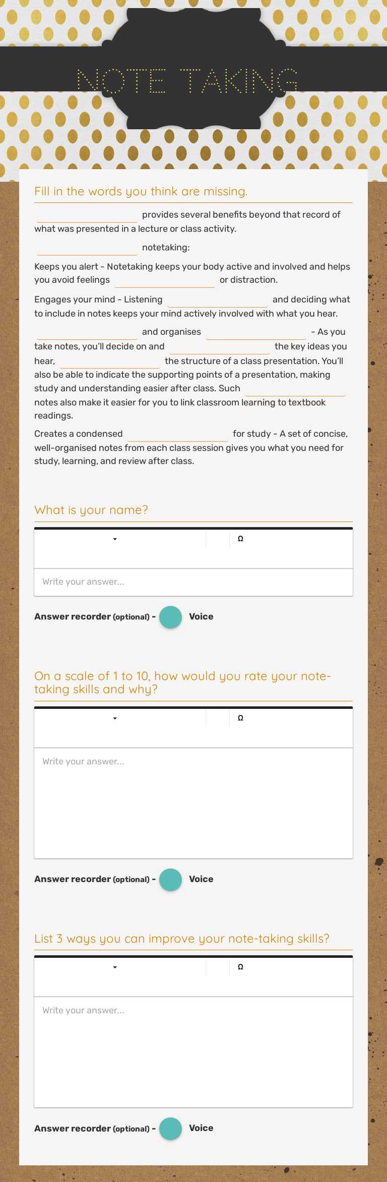 Note taking worksheet preview image