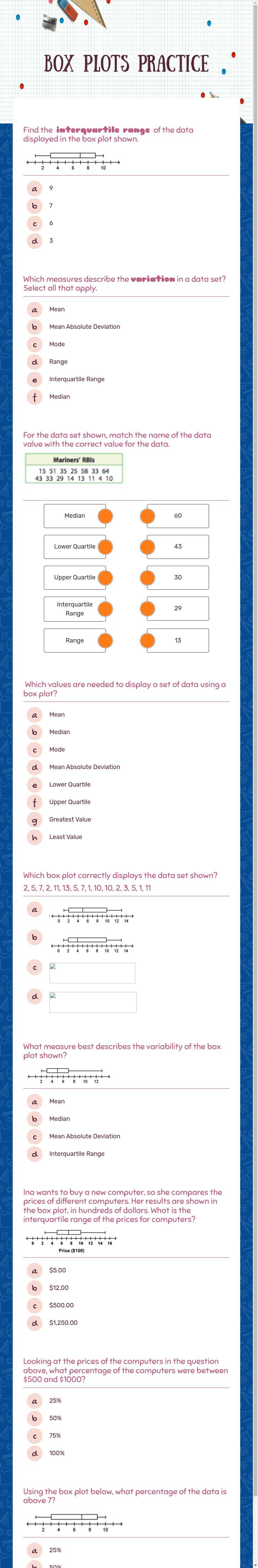 Box Plots Practice worksheet preview image
