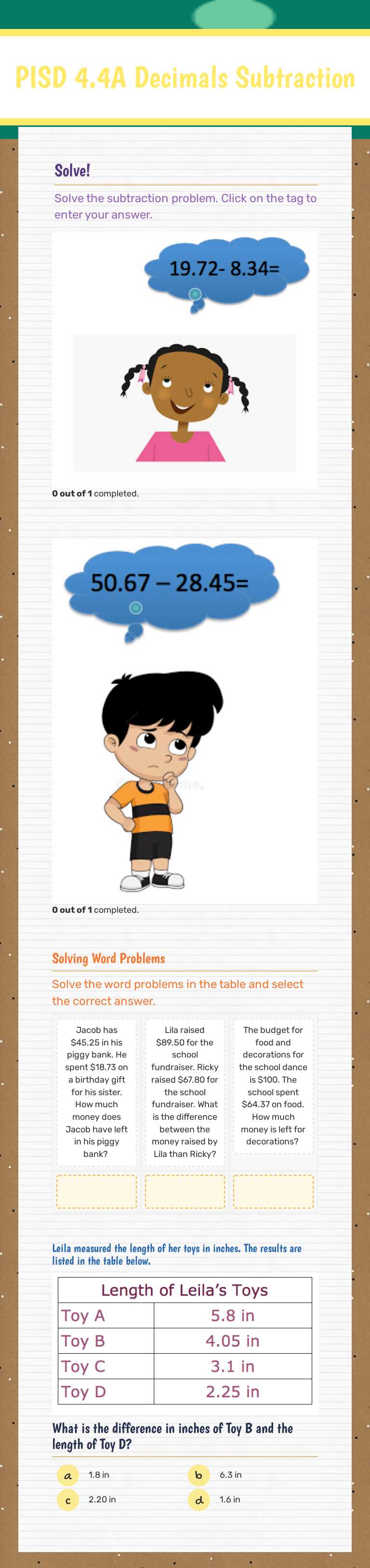 PISD 4.4A Decimals Subtraction Grade 4 worksheet preview