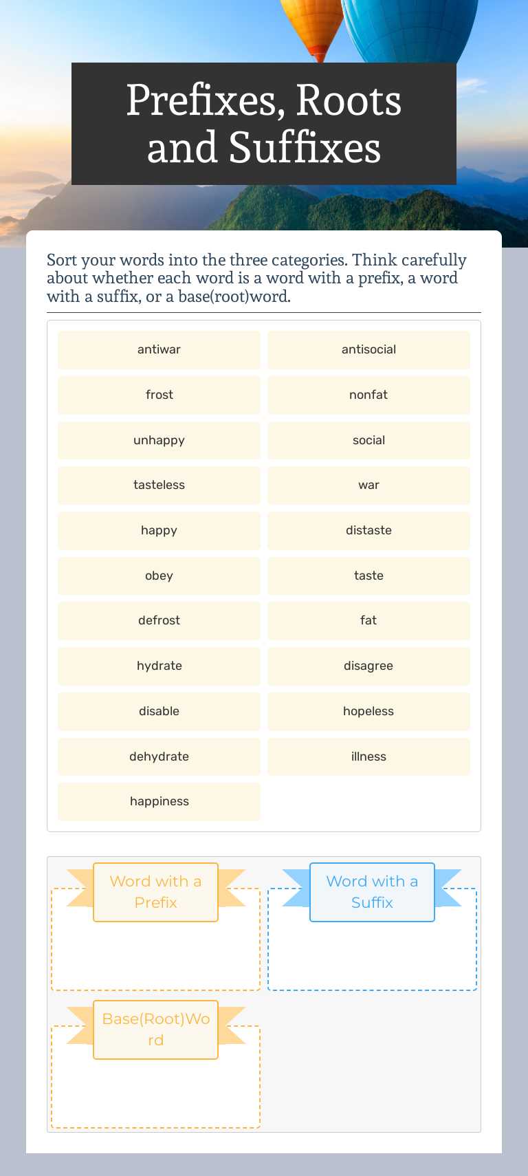 Prefixes, Roots and Suffixes Grade 5 worksheet preview