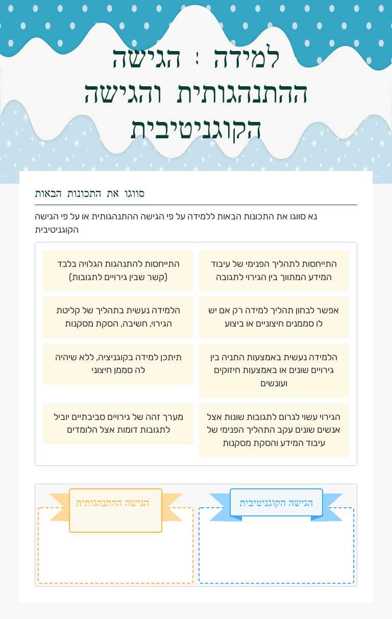 למידה : 
הגישה ההתנהגותית 
והגישה הקוגניטיבית worksheet preview image