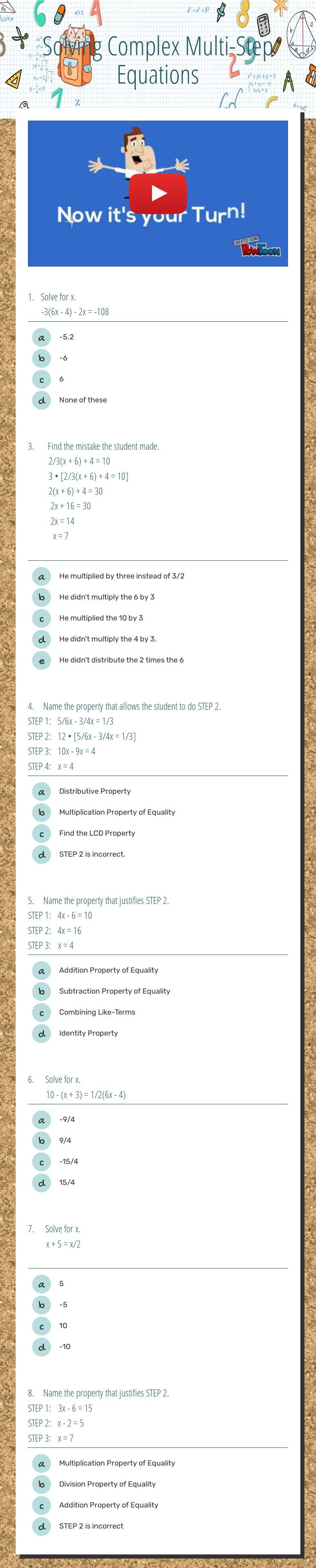 Solving Complex Multi-Step Equations worksheet preview image