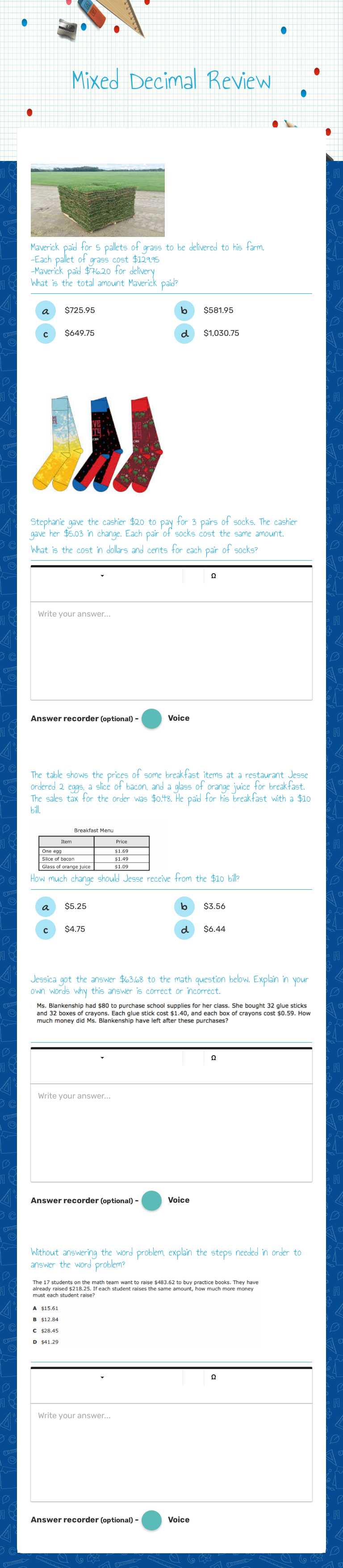Mixed Decimal Review Grade 7 worksheet preview