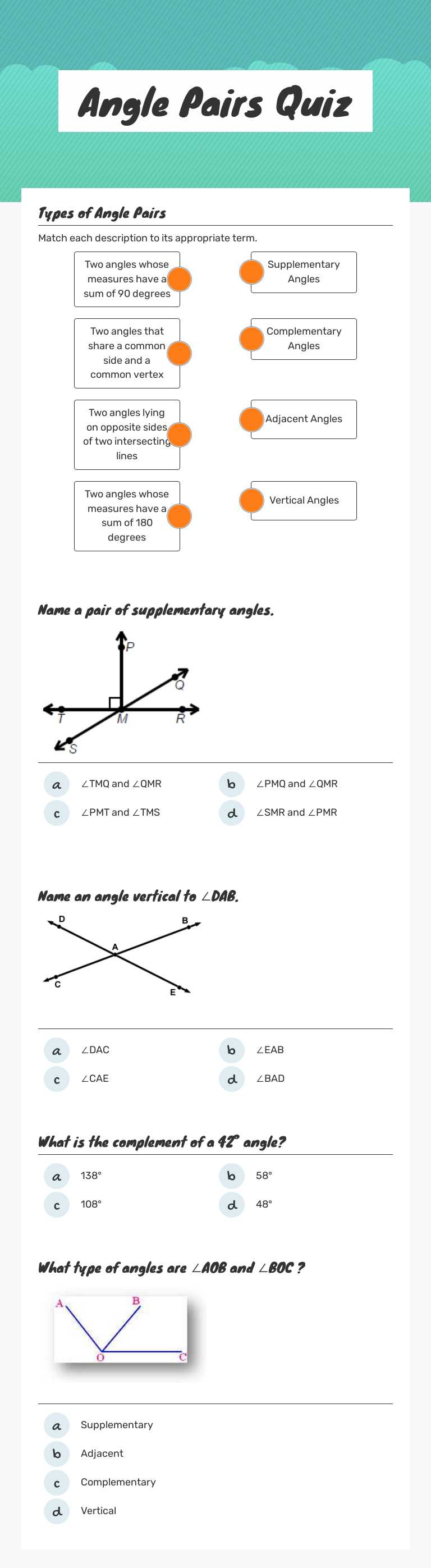 Angle Pairs Quiz worksheet preview image