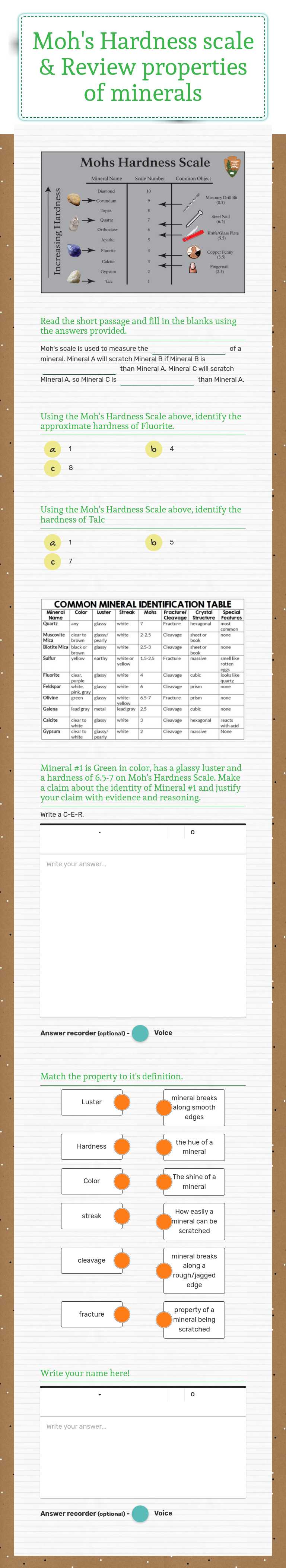 Moh's Hardness scale & Review properties of  minerals worksheet preview image
