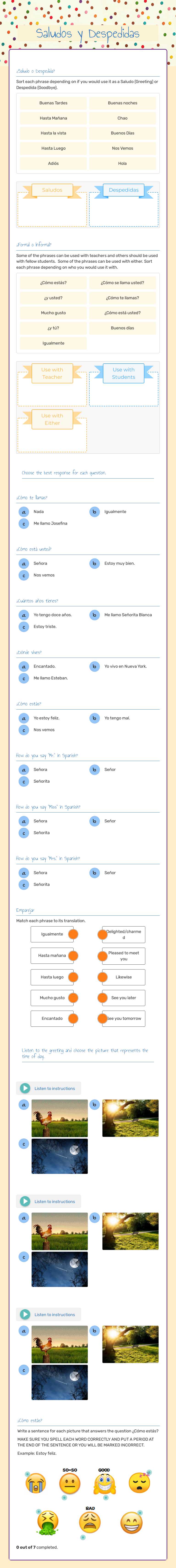 Saludos y Despedidas worksheet preview image