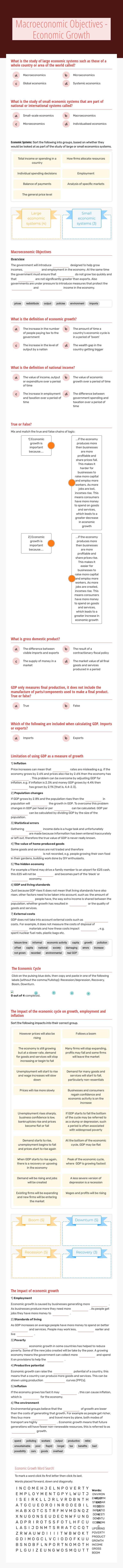 Macroeconomic Objectives - Economic Growth worksheet preview image
