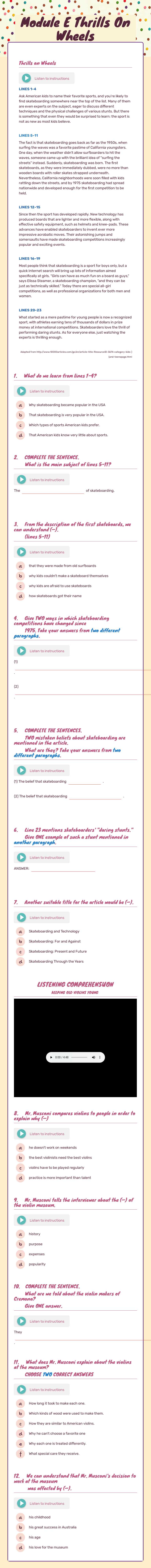 Module E Thrills On Wheels Grade 10 worksheet preview