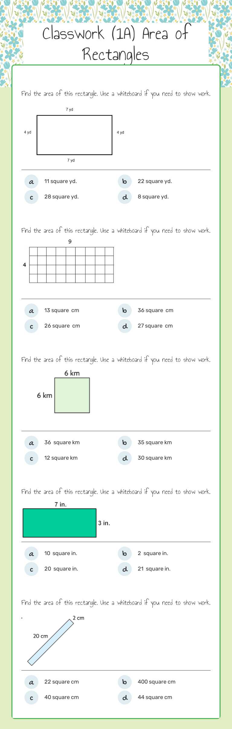 Classwork (1A) Area of Rectangles worksheet preview image