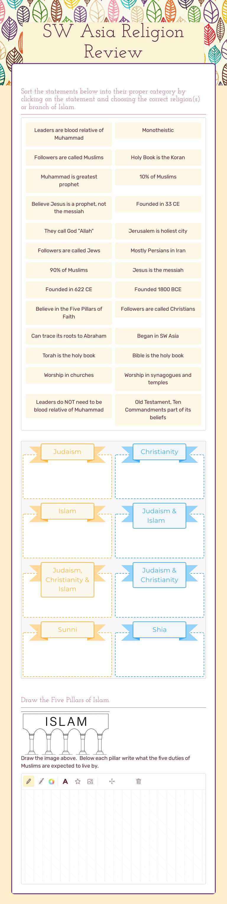 SW Asia Religion Review Grade 7 worksheet preview