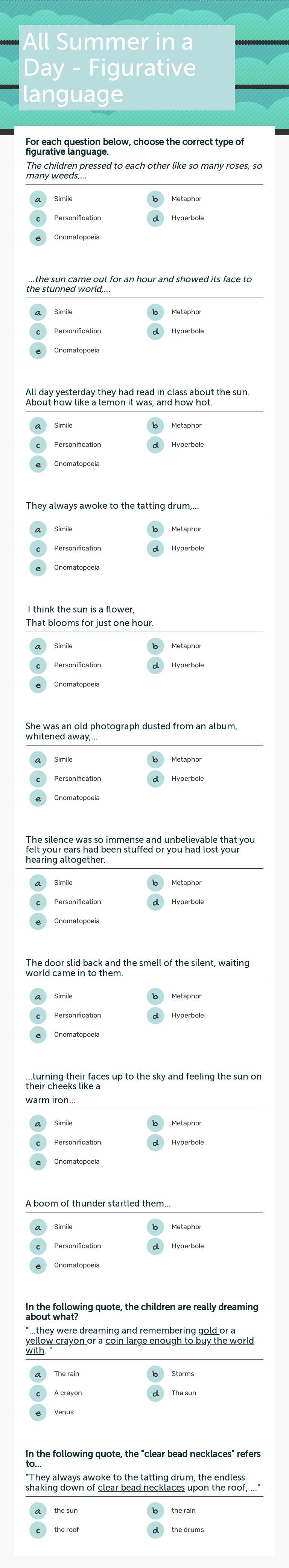 All Summer in a Day - Figurative language Grade 6 worksheet preview