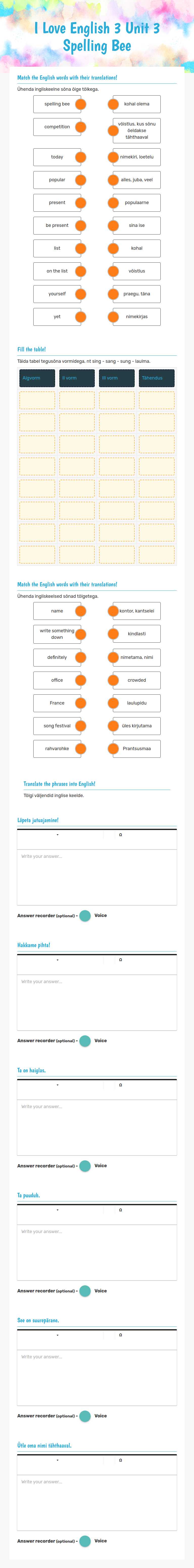 I Love English 3  Unit 3      
 Spelling Bee worksheet preview image