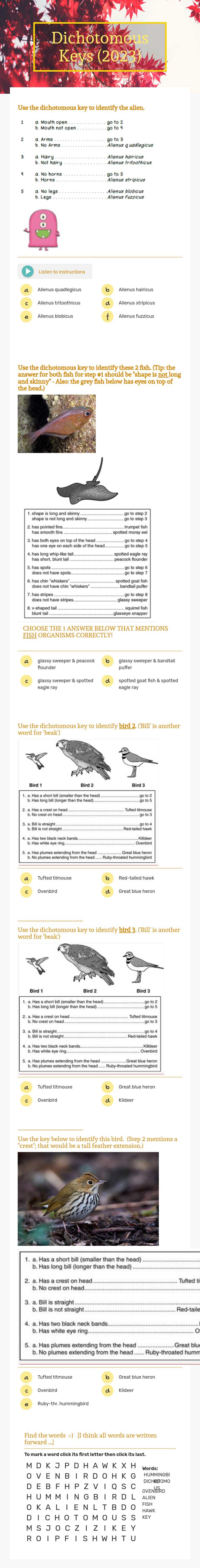 Dichotomous Keys (2023) worksheet preview image