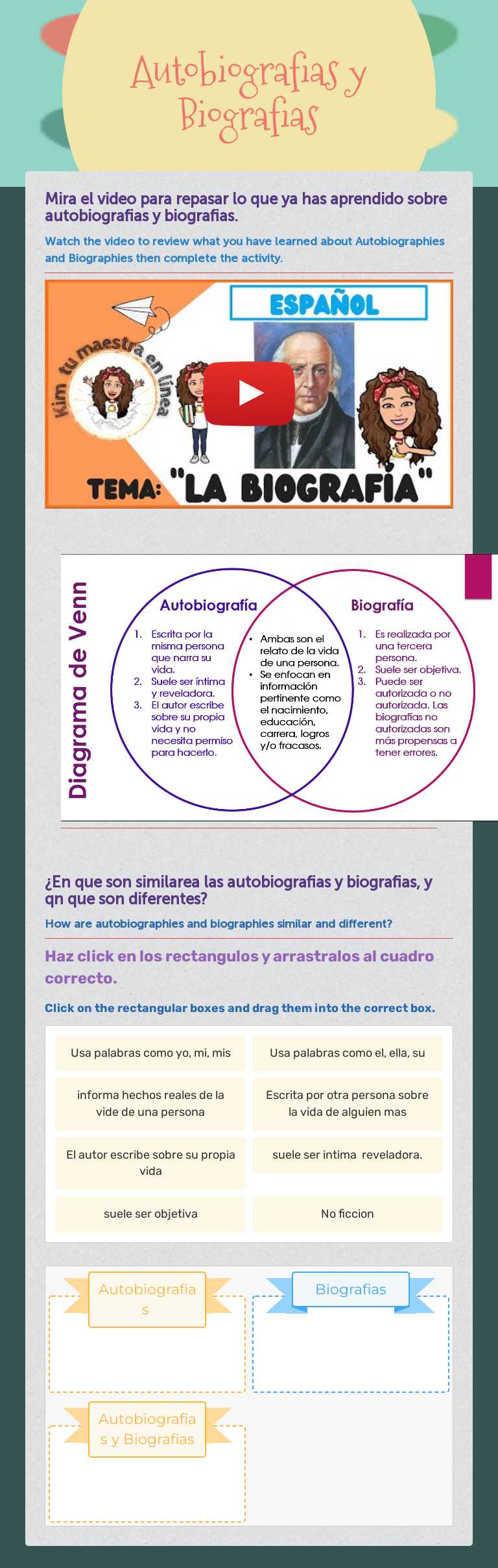 Autobiografias y Biografias worksheet preview image