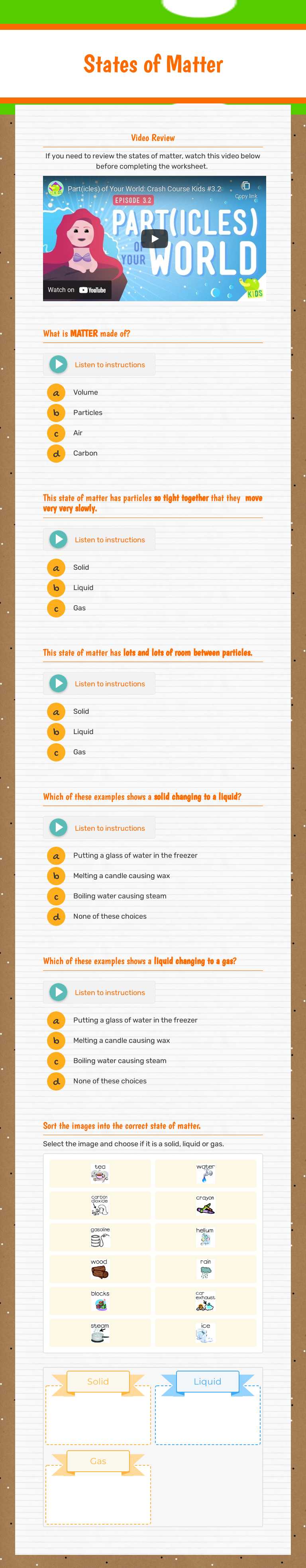 States of Matter Grade 5 worksheet preview
