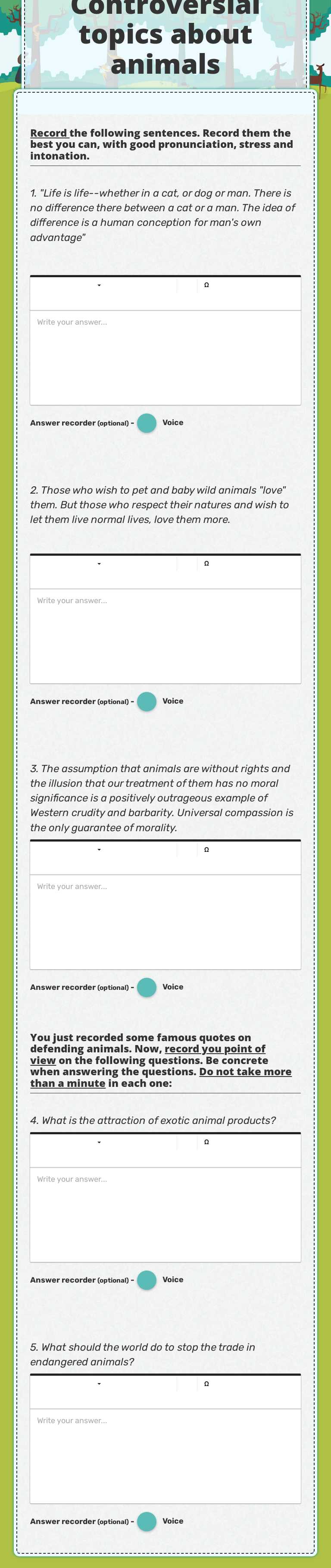 Recording Activity                          
   Controversial topics about animals worksheet preview image