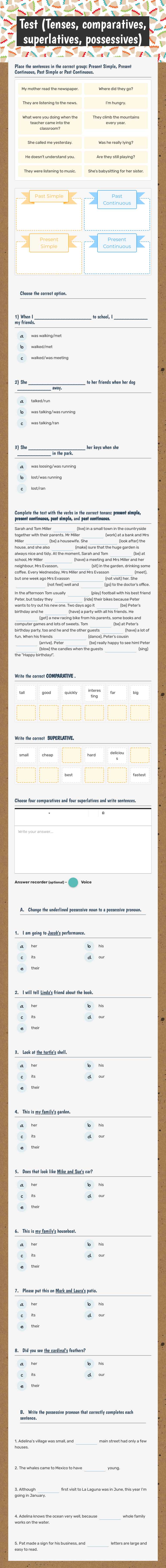 Test (Tenses, comparatives, superlatives, possessives) Grade 7 worksheet preview