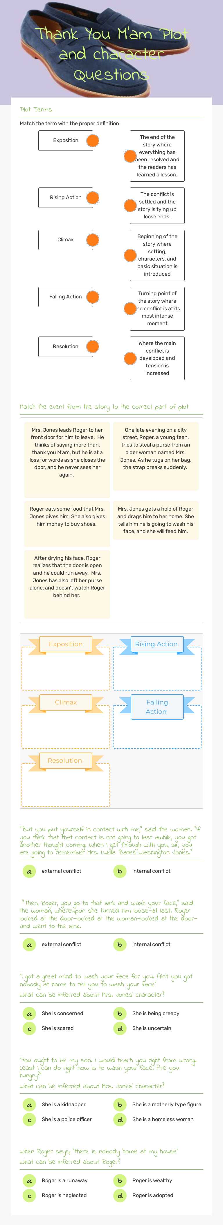 Thank You M'am Plot and character Questions worksheet preview image