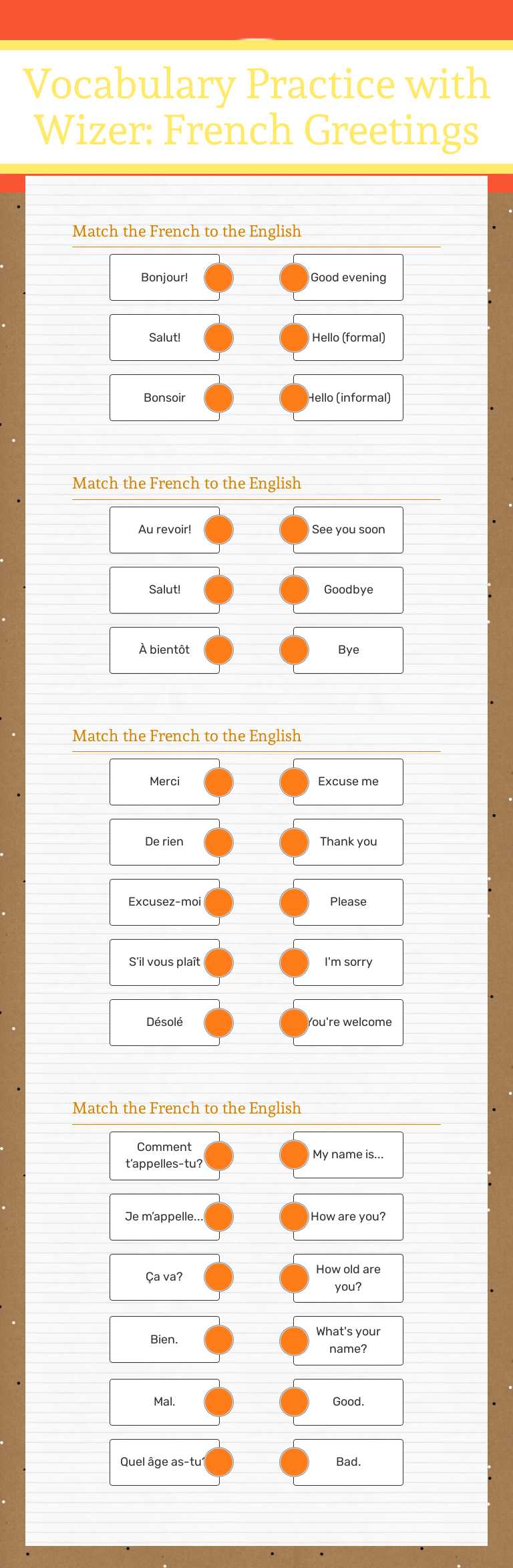 Vocabulary Practice with Wizer: French Greetings Grade 8 worksheet preview