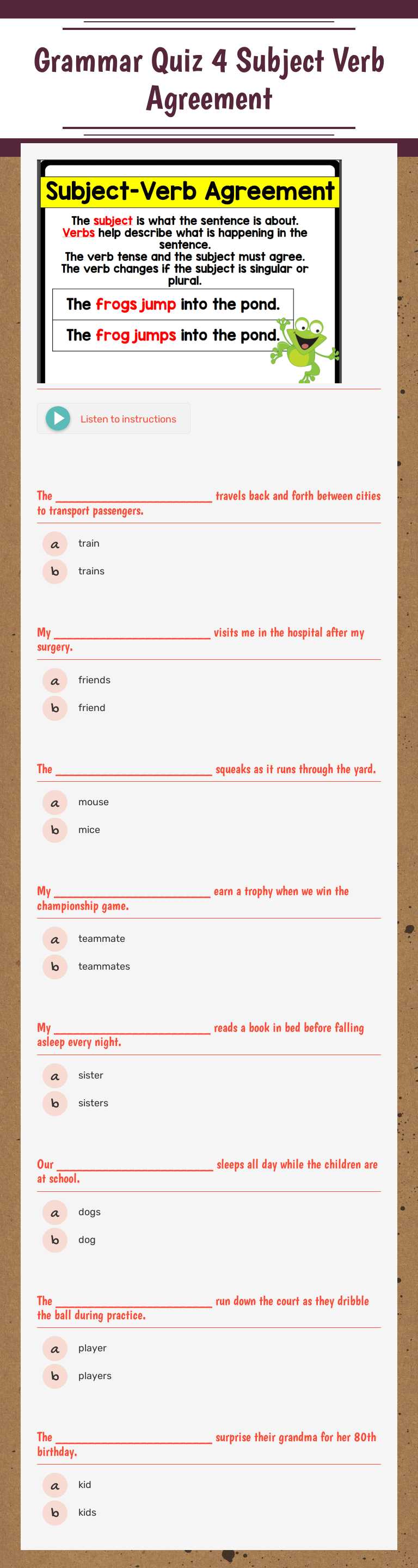 Grammar Quiz 4 Subject Verb Agreement worksheet preview image