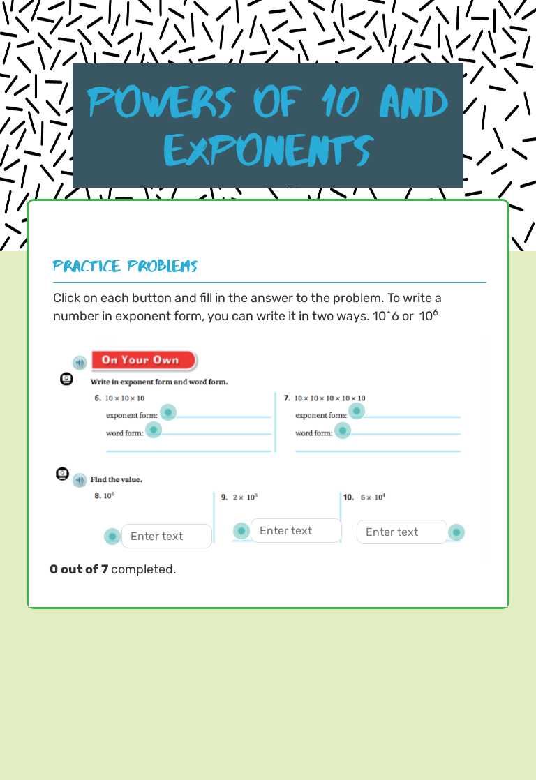 Powers of 10 and Exponents worksheet preview image