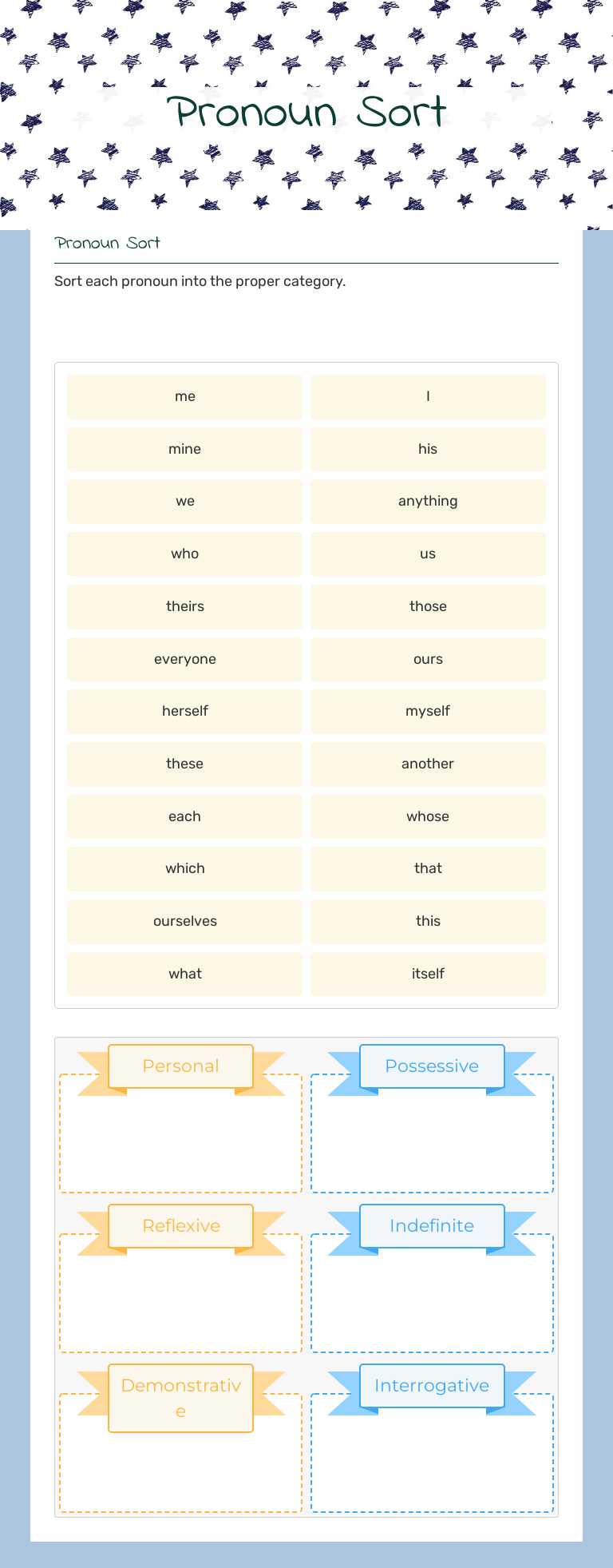 Pronoun Sort worksheet preview image