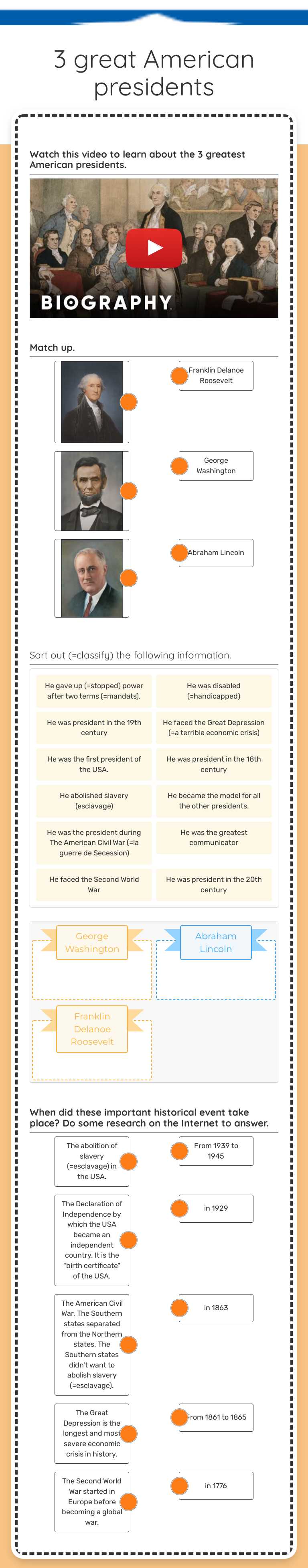 3 great American presidents Grade 10 worksheet preview