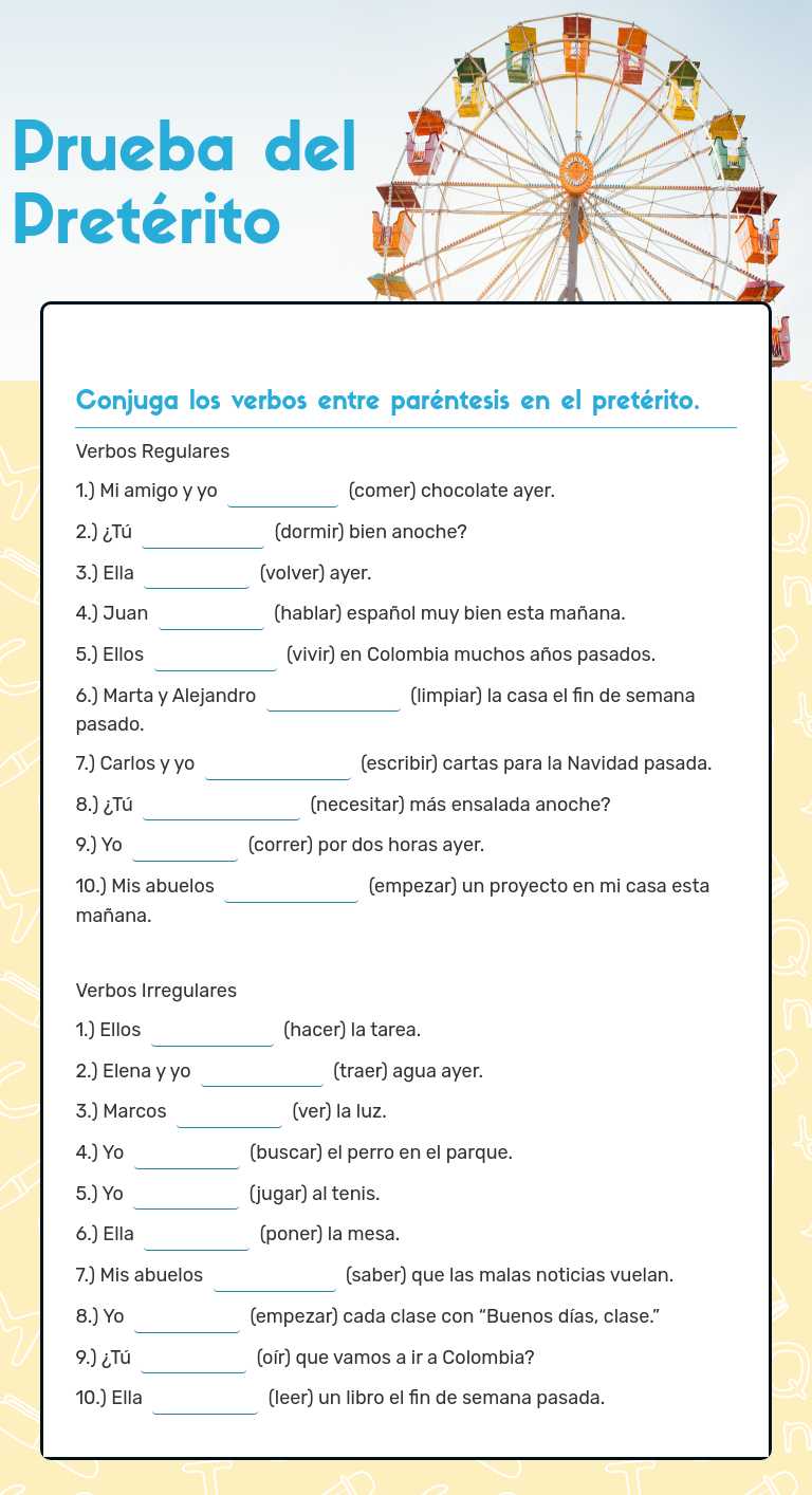 Prueba del Pretérito worksheet preview image