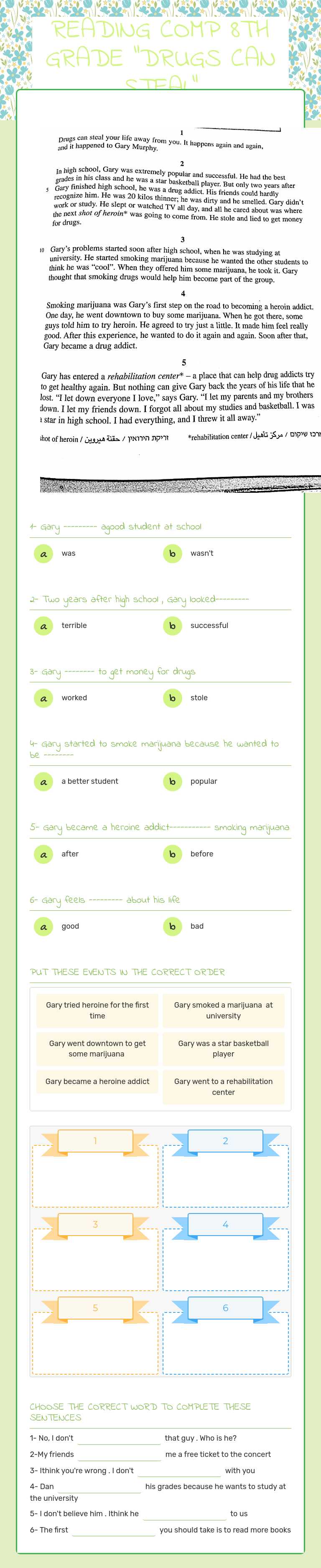 READING COMP 8TH GRADE "DRUGS CAN STEAL" worksheet preview image