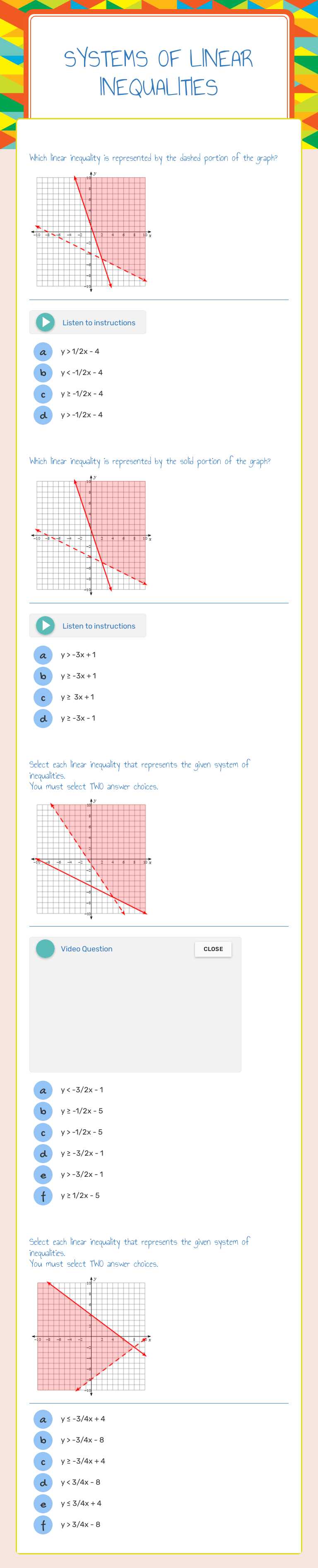 Systems of Linear Inequalities worksheet preview image