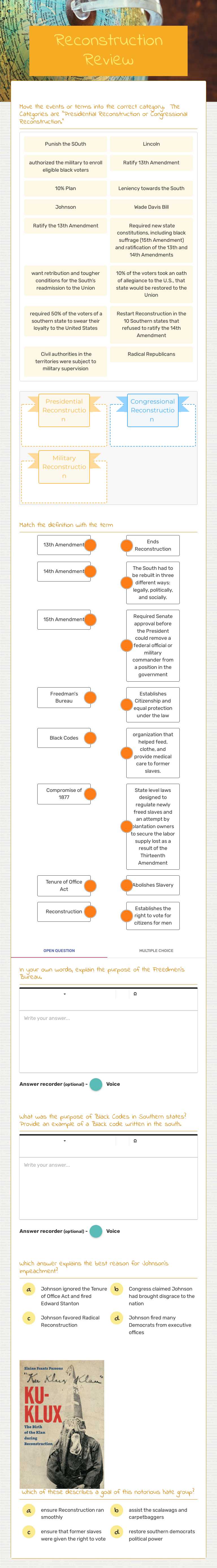 Reconstruction Review worksheet preview image