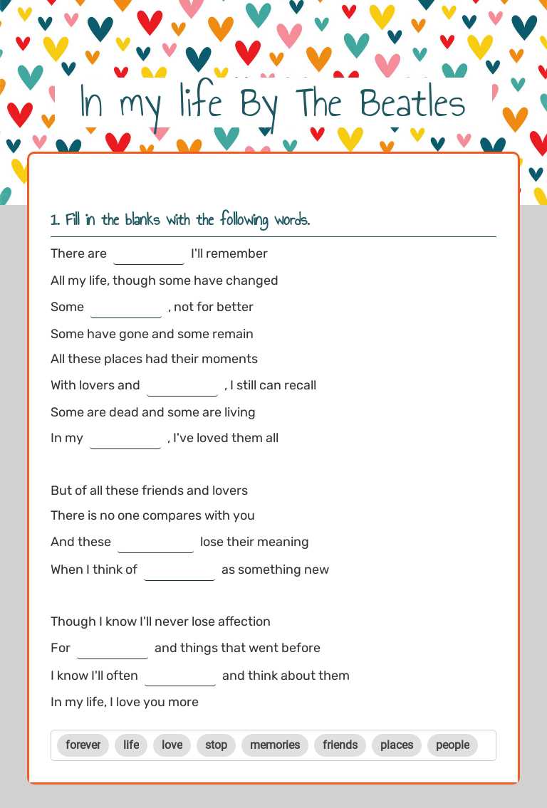 In my life               
By The Beatles worksheet preview image