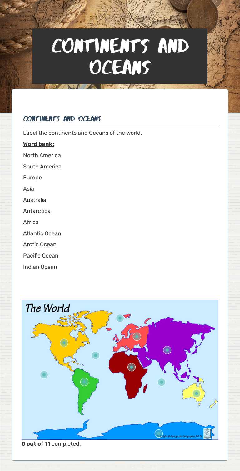 Continents and oceans worksheet preview image