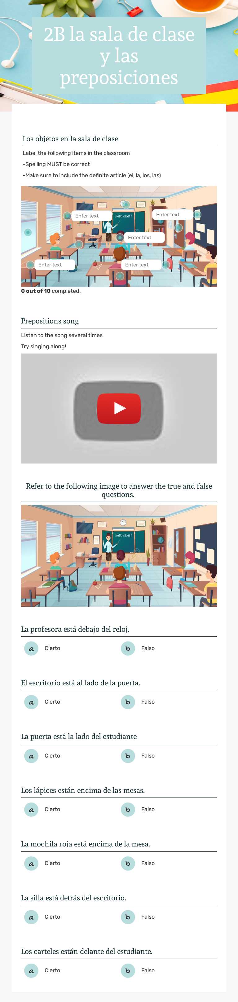 2B la sala de clase y las preposiciones worksheet preview image