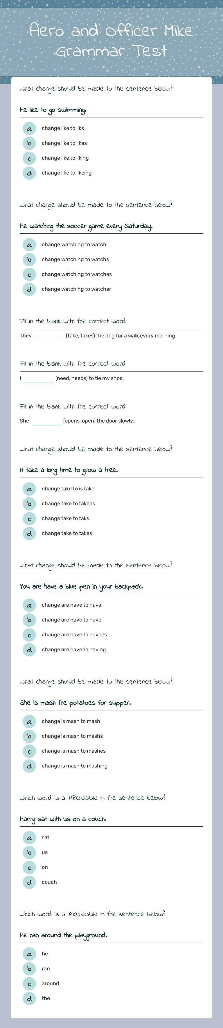 Aero and Officer Mike Grammar Test worksheet preview image
